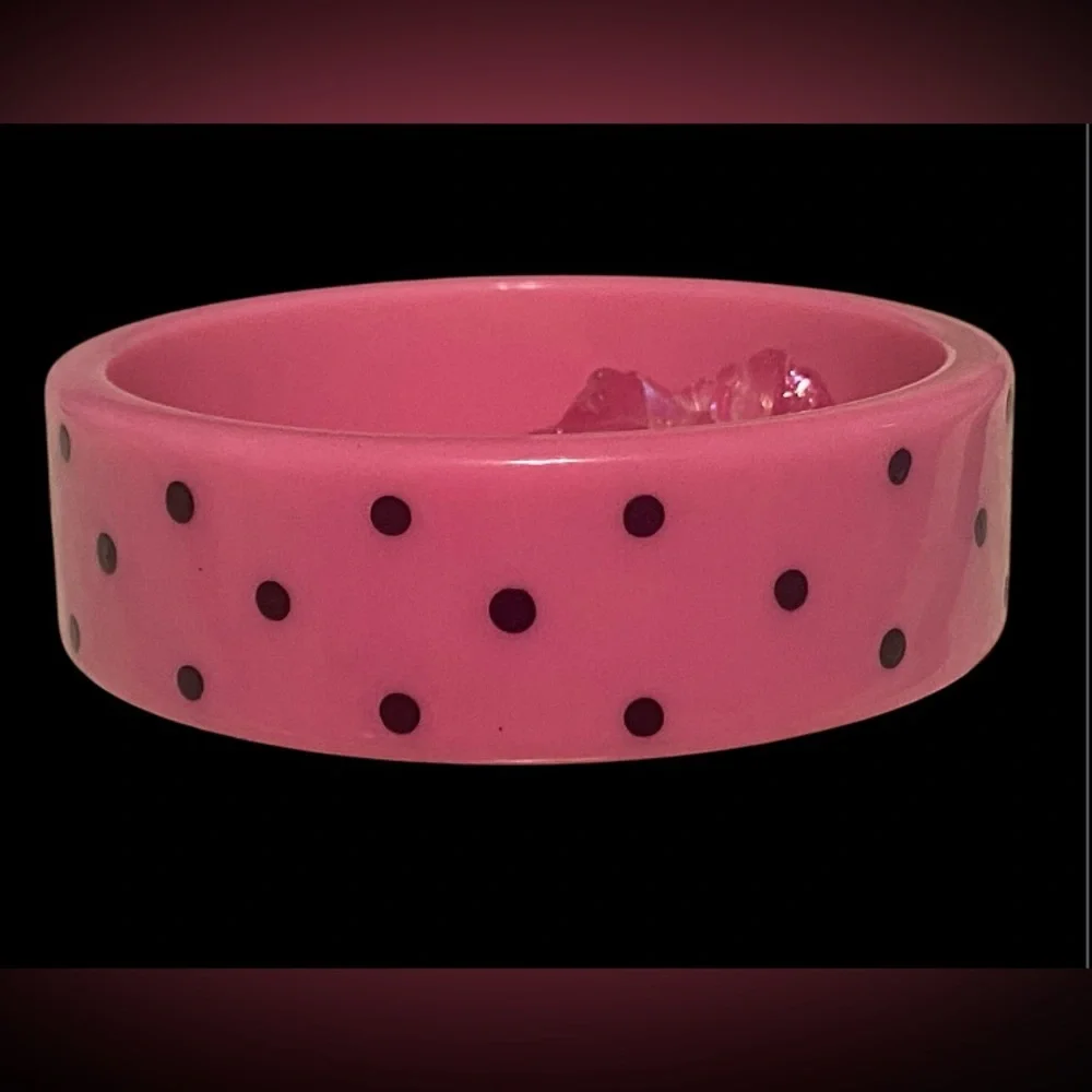 Vintage Pink & Black Polka Dot Plastic Bangle Bracelet #7056
